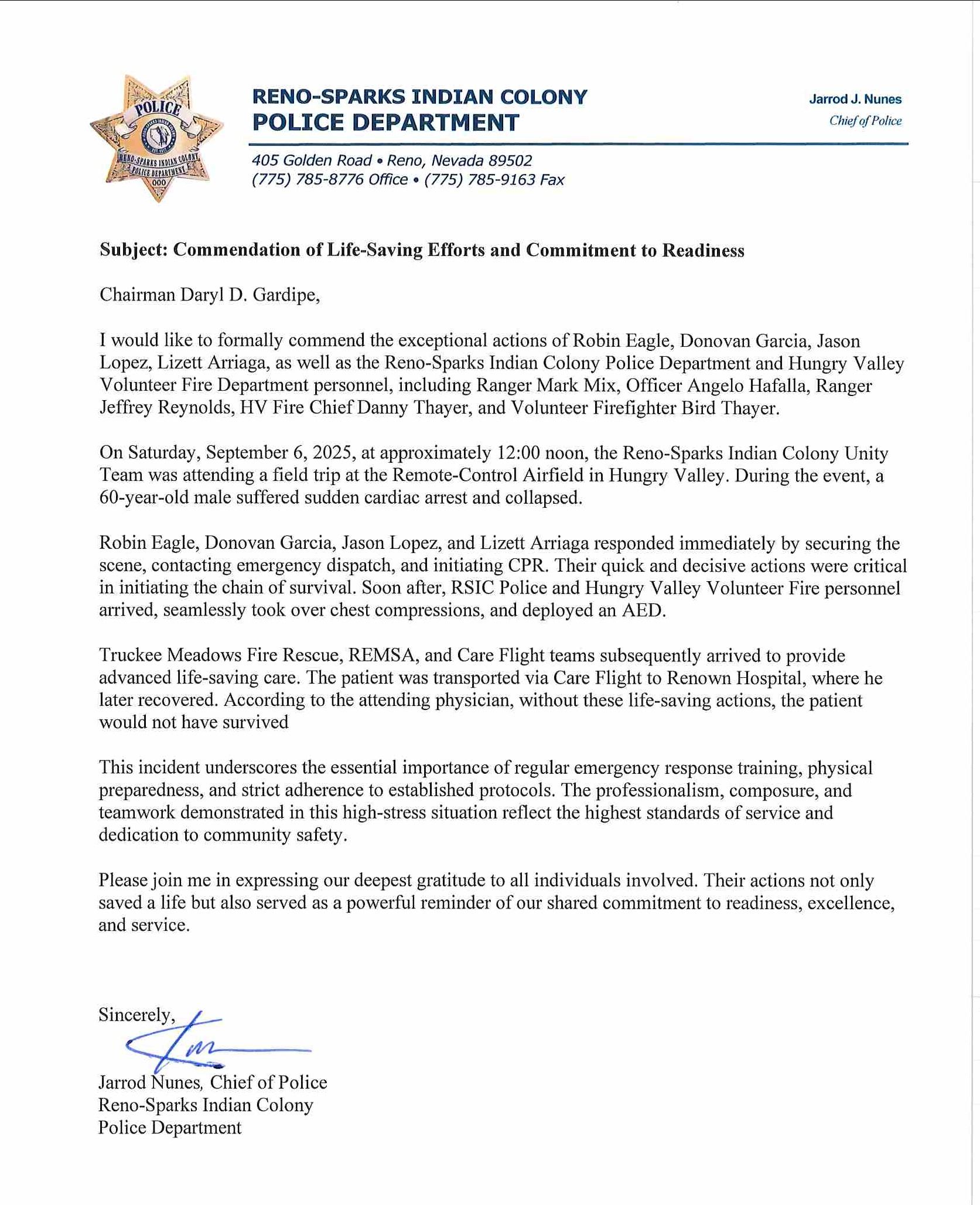 Tribal Police_REV Commendation of Life-Saving Efforts_091025