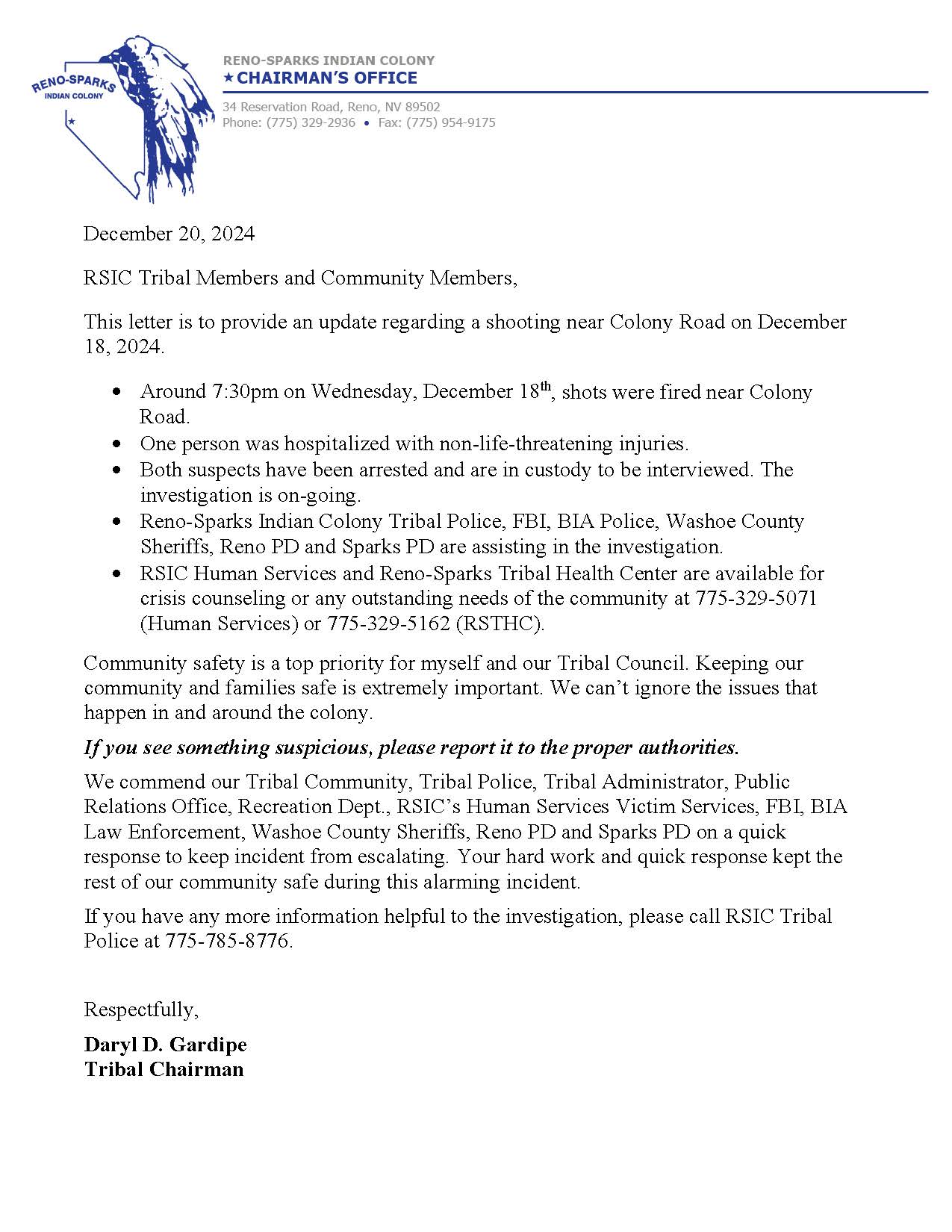 Chairman Community Letter_Update on Shooting Incident Dec 18th_122024